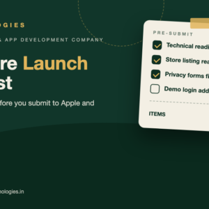 App store launch checklist graphic with a paper checklist card, 25 items before submitting