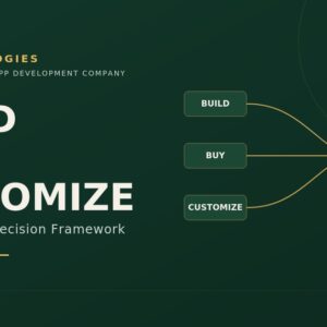 Infographic showing Build vs Buy vs Customize software decision framework by OwnTechnologies