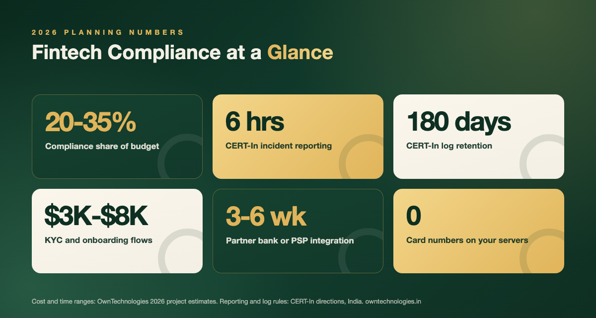 Fintech compliance cost and timeline planning numbers for 2026, including KYC flows and CERT-In rules