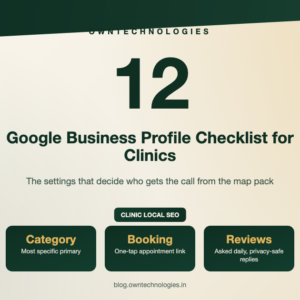 Google Business Profile checklist for clinics with 12 optimisation points covering categories, booking and reviews