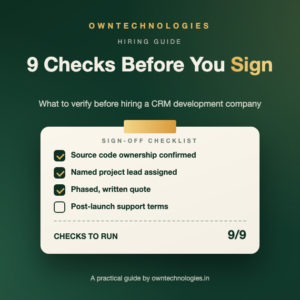 Checklist graphic showing 9 checks before you sign with a CRM development company