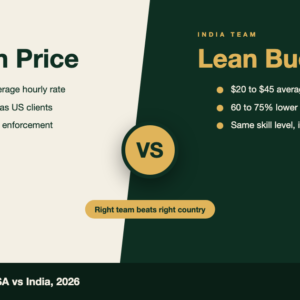 Split-screen comparison of USA versus India mobile app development cost and hourly rates in 2026