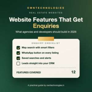 Checklist of real estate website features that generate enquiries, including map search, WhatsApp buttons and CRM routing
