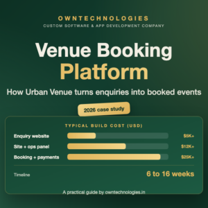Venue booking platform development guide showing Urban Venue case study and 2026 build cost ranges