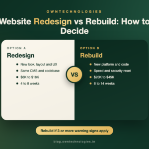 Website redesign vs rebuild comparison showing cost, timeline and what changes in each option