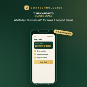 WhatsApp Business API for sales and support teams shown on a phone mockup