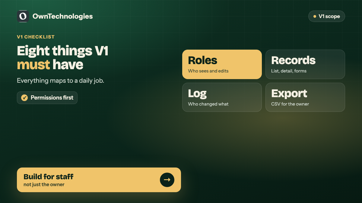 Admin panel version one checklist: roles, records, activity log, export