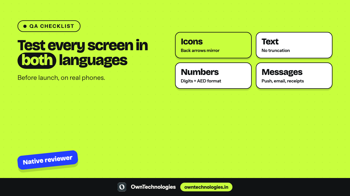 Arabic and RTL app testing checklist for UAE apps: icons, text, numbers, notifications