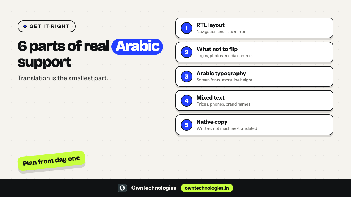 Arabic support in mobile apps: RTL layout, what not to flip, Arabic typography, mixed text, native copy