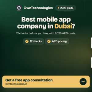 Best mobile app development company in Dubai checklist on a phone with AED pricing and red flag alerts