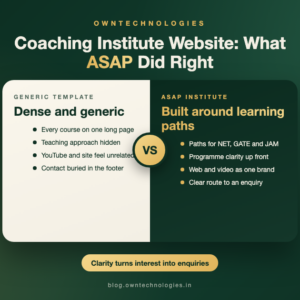 Coaching institute website comparison: generic template versus the learning-path website OwnTechnologies built for ASAP Institute
