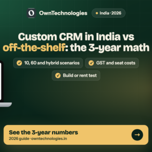 Custom CRM cost in India vs off-the-shelf CRM guide with a CRM dashboard and a 60-seat subscription invoice