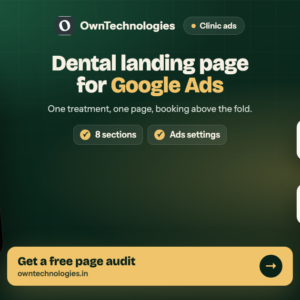 Dental clinic landing page for Google Ads on a phone with call, WhatsApp and booking buttons