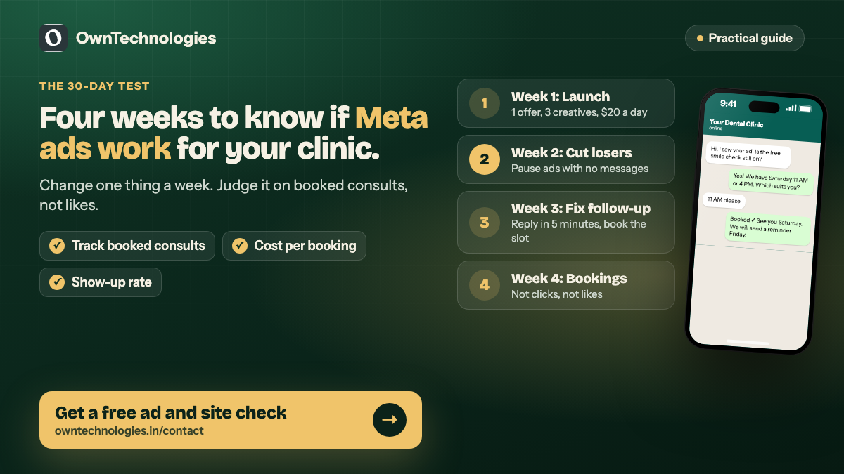 30-day Meta ads test plan for dental clinics: launch, cut losers, fix follow-up, count bookings