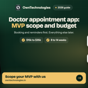 Doctor appointment app MVP showing a clinic booking screen with time slots and a reminder