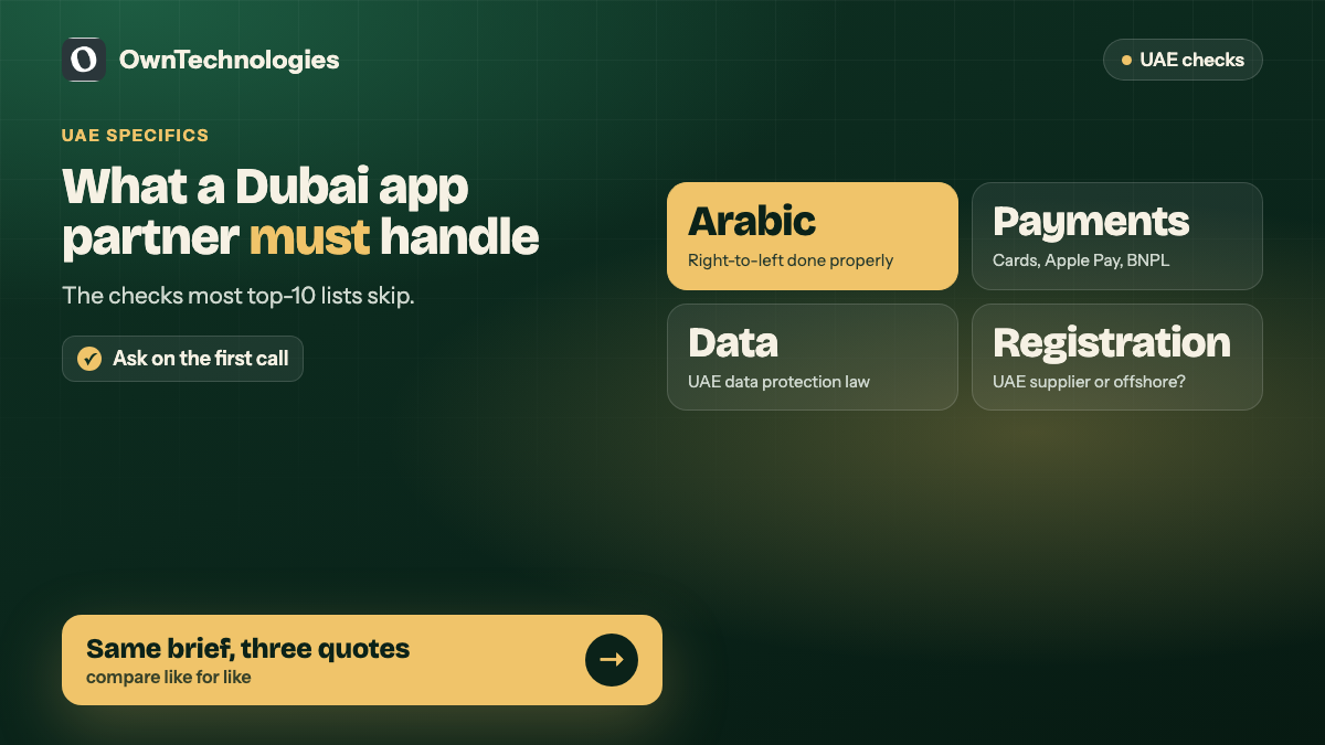 UAE-specific checks for a Dubai mobile app development company: Arabic RTL, payments, data protection and registration