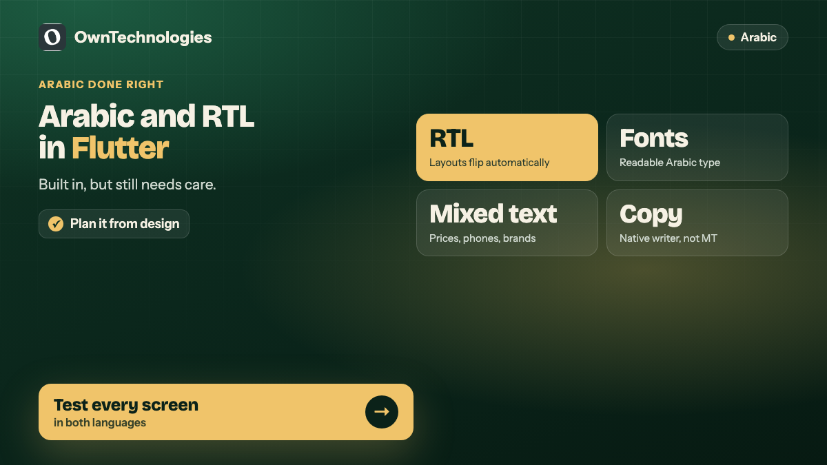 Arabic and right-to-left support in Flutter apps: RTL layouts, Arabic fonts, mixed text, native copy