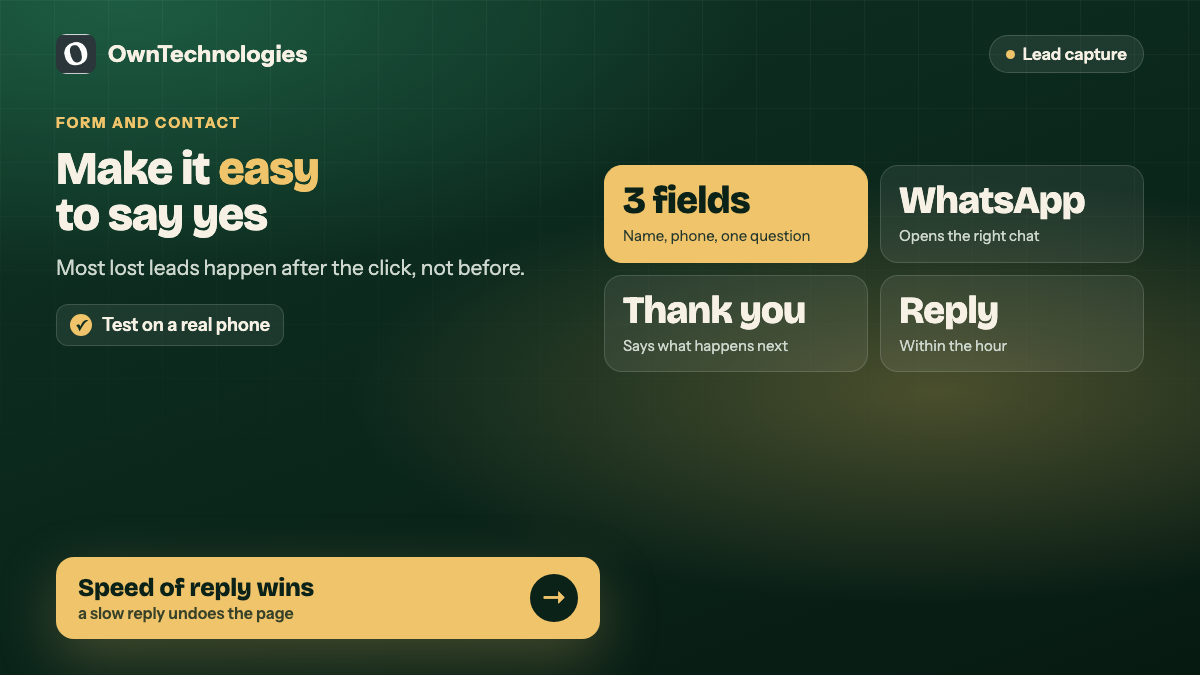 Landing page form and contact checks: short form, working WhatsApp, thank-you page and fast reply