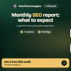 Monthly SEO report on a phone showing organic enquiries rising, clicks and priority rankings