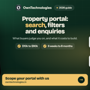 Property portal development guide showing a mobile property search with filters, match alerts and enquiries