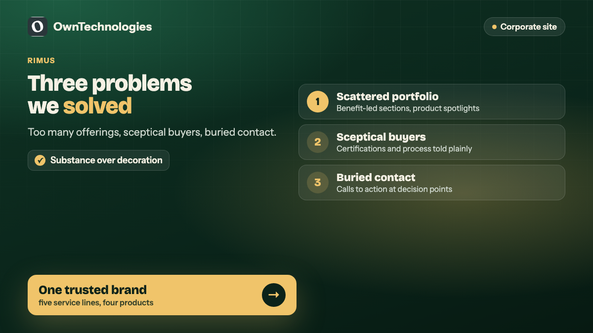 Three website problems solved for RIMUS Technologies: scattered portfolio, sceptical buyers, buried contact