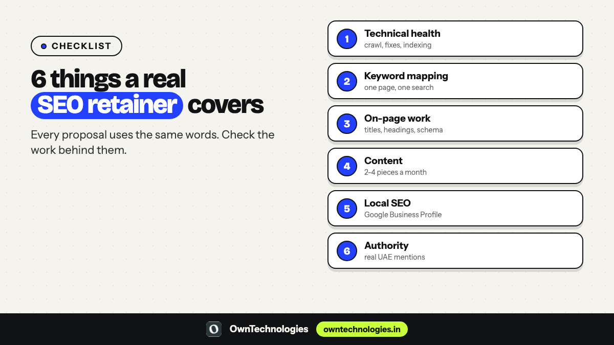 Checklist of six things a real SEO retainer in Dubai includes