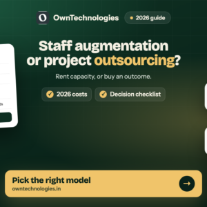 Staff augmentation vs project outsourcing comparison card with augment and outsource notifications