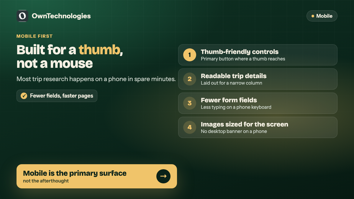 Mobile first travel booking website design: thumb-friendly controls and readable trip details