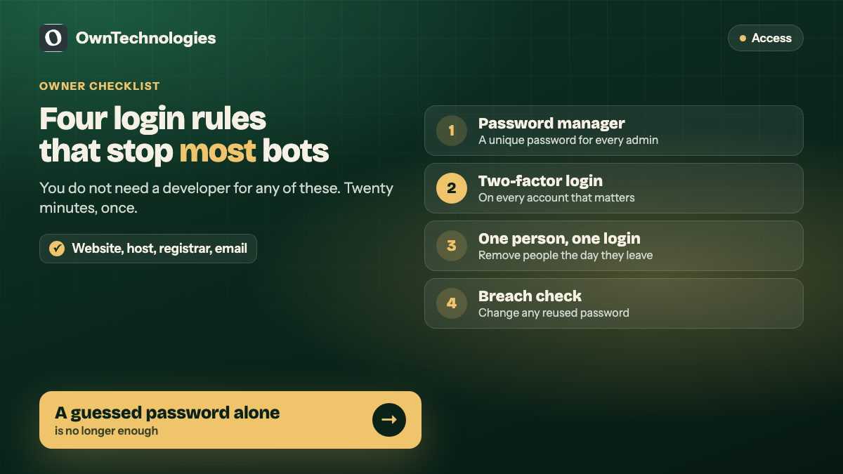 Website login security checklist: password manager, two-factor login, one login per person, breach check