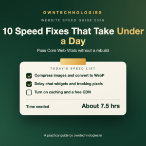 Website speed checklist of 10 quick fixes that take under a day, including image compression, script delay, caching and CDN
